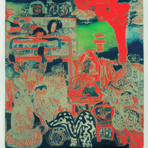 AI generated: •	Robert Rauschenberg Yoshitaka Amano monotype Lithography minimalistic Kimaira Baku Yumemakura colo...