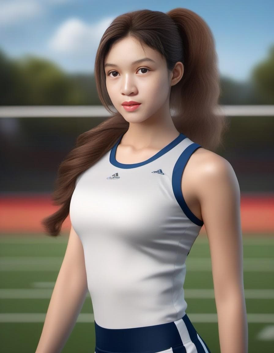 AI generated: HDR photo, 24oyo, beautiful blonde girl wearing ponytail wearing cheerleader outfit standing on foot...