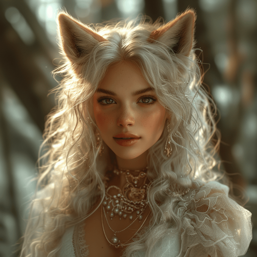 AI generated: mysterious myth of a beautiful goddess-looking fox in human form, with curly and beautiful platinum ...