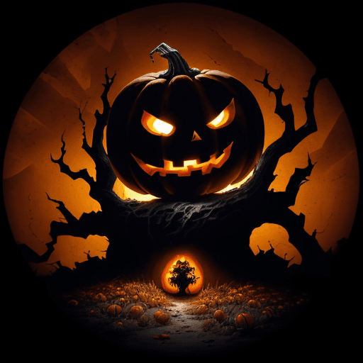 AI generated: "A dark and haunting Halloween scene with a massive, frightening jack-o'-lantern featuring a cracked...