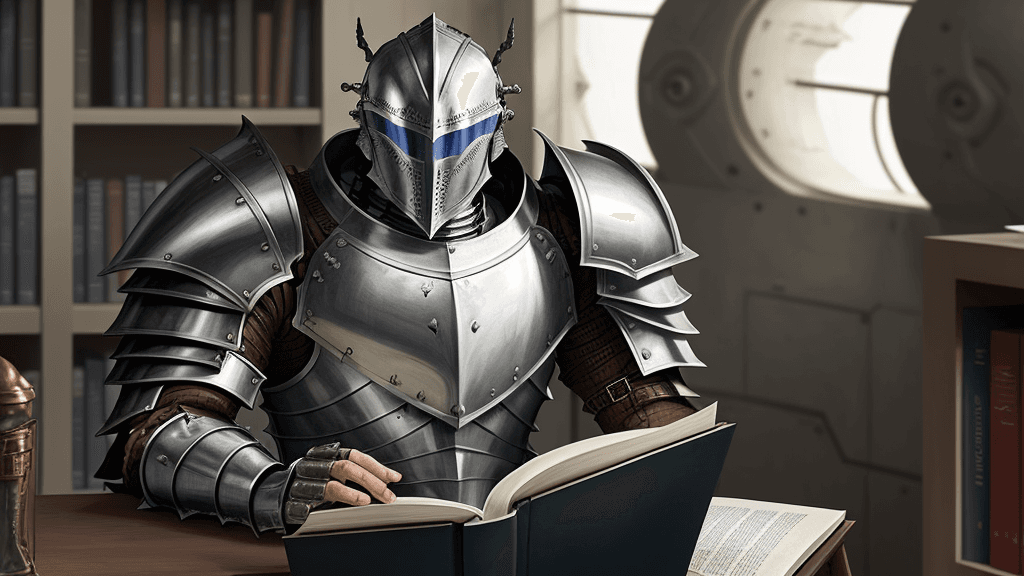 AI generated: human male Armoured warrior reading in a secret lab, 

