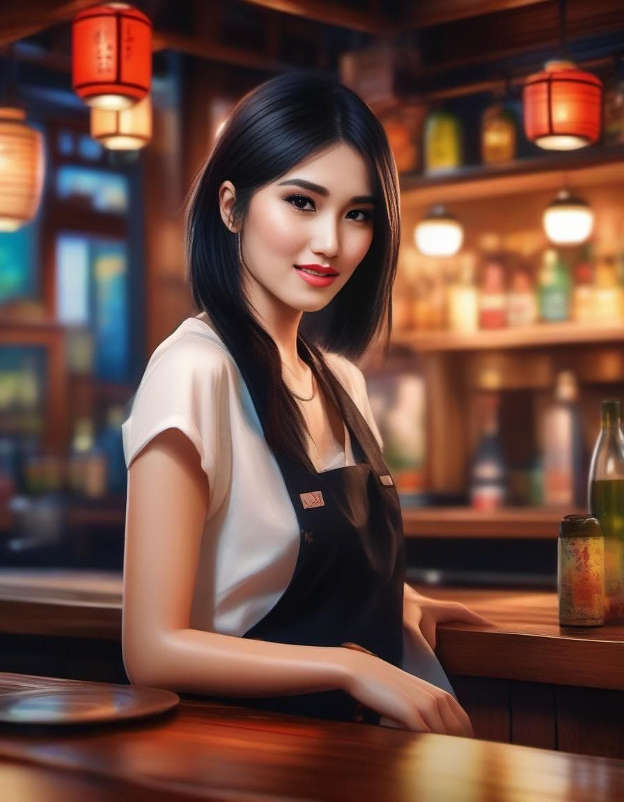 AI generated: Action shot of a woman in the wooden bar of a lively izakaya, culinary style, in a vibrant District,...