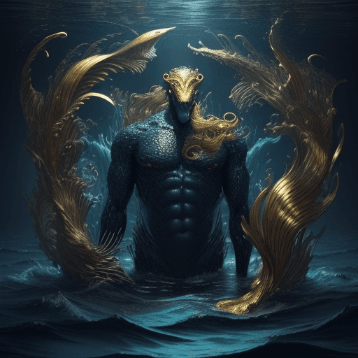 AI generated: A deep ocean monster with a golden iris that is one-third the width of his head; a space where only ...