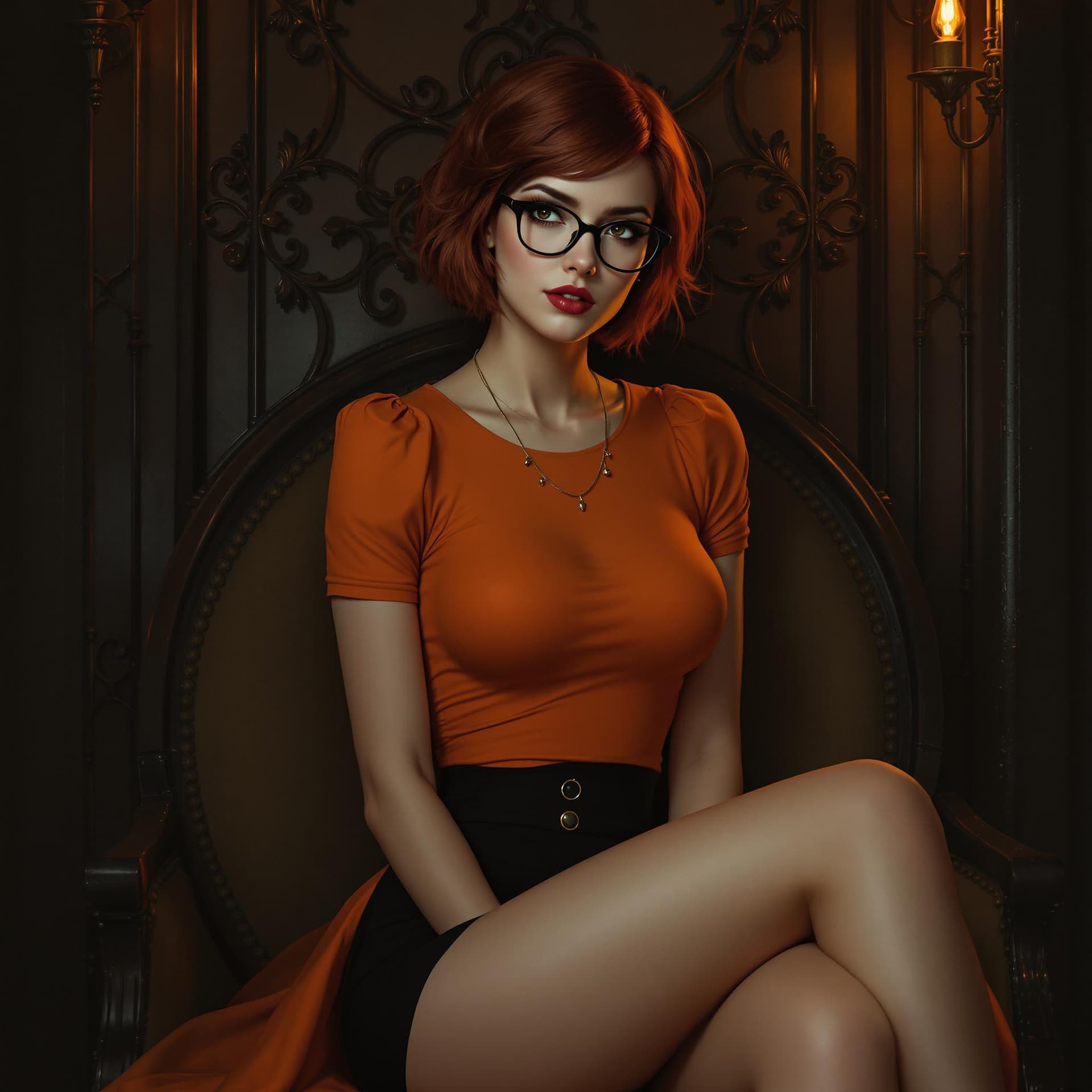AI generated: A creative digital artwork inspired by a mysterious, intelligent woman sitting in a gothic-style set...