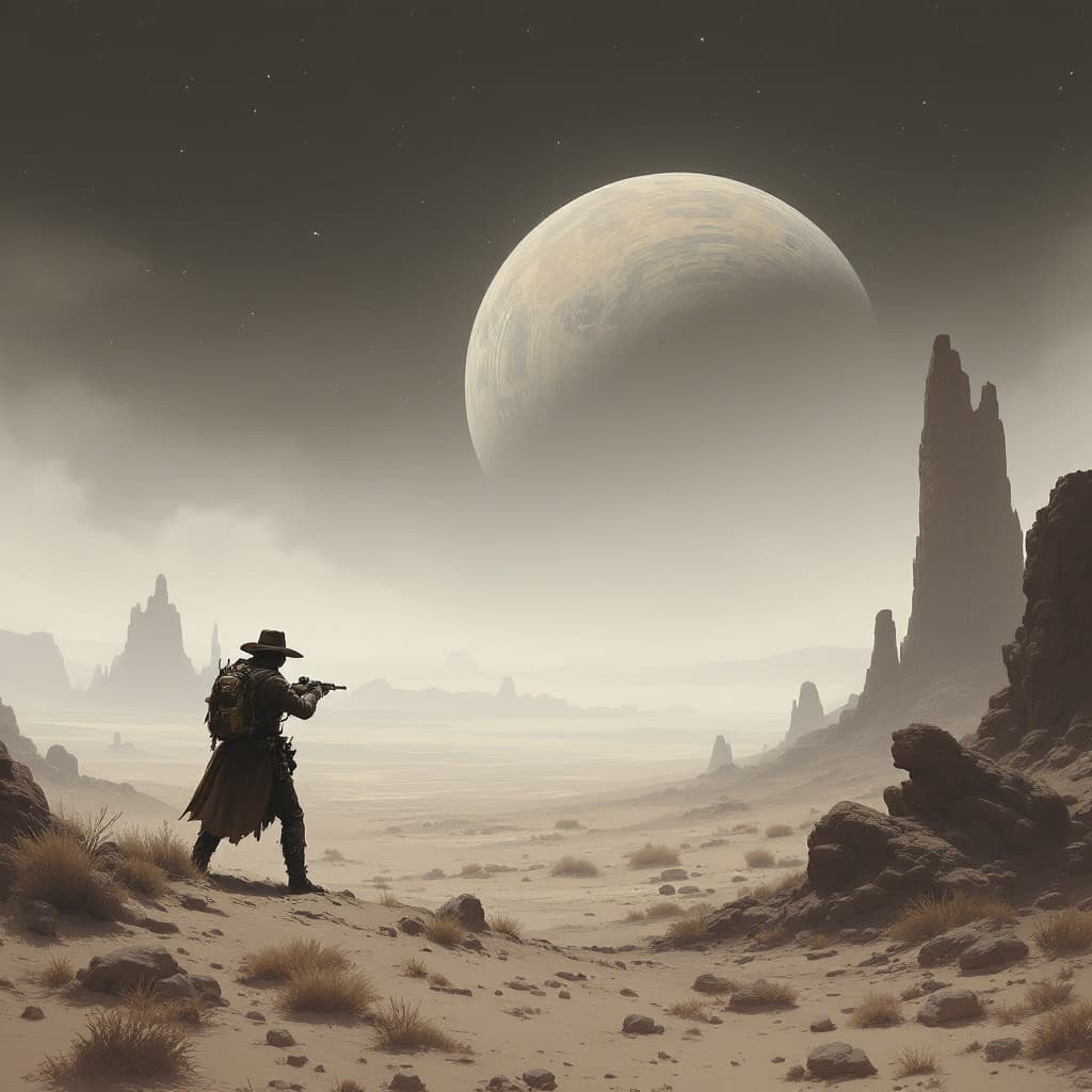 AI generated: a cowboy quickdrawing on an alien planet