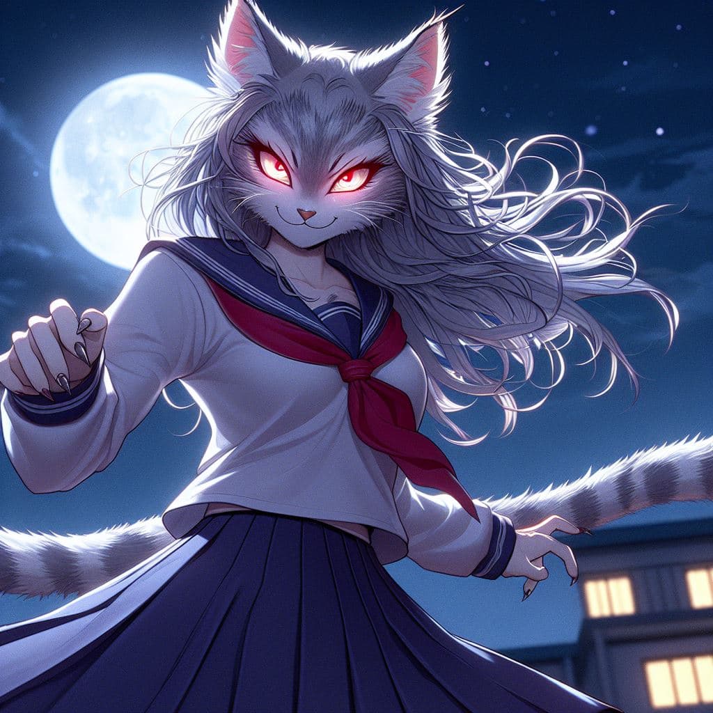 AI generated: Anthro Female Cat, Silver Tabby Fur, Bright Red Eyes, Female School Uniform, Long Plain White Dress,...