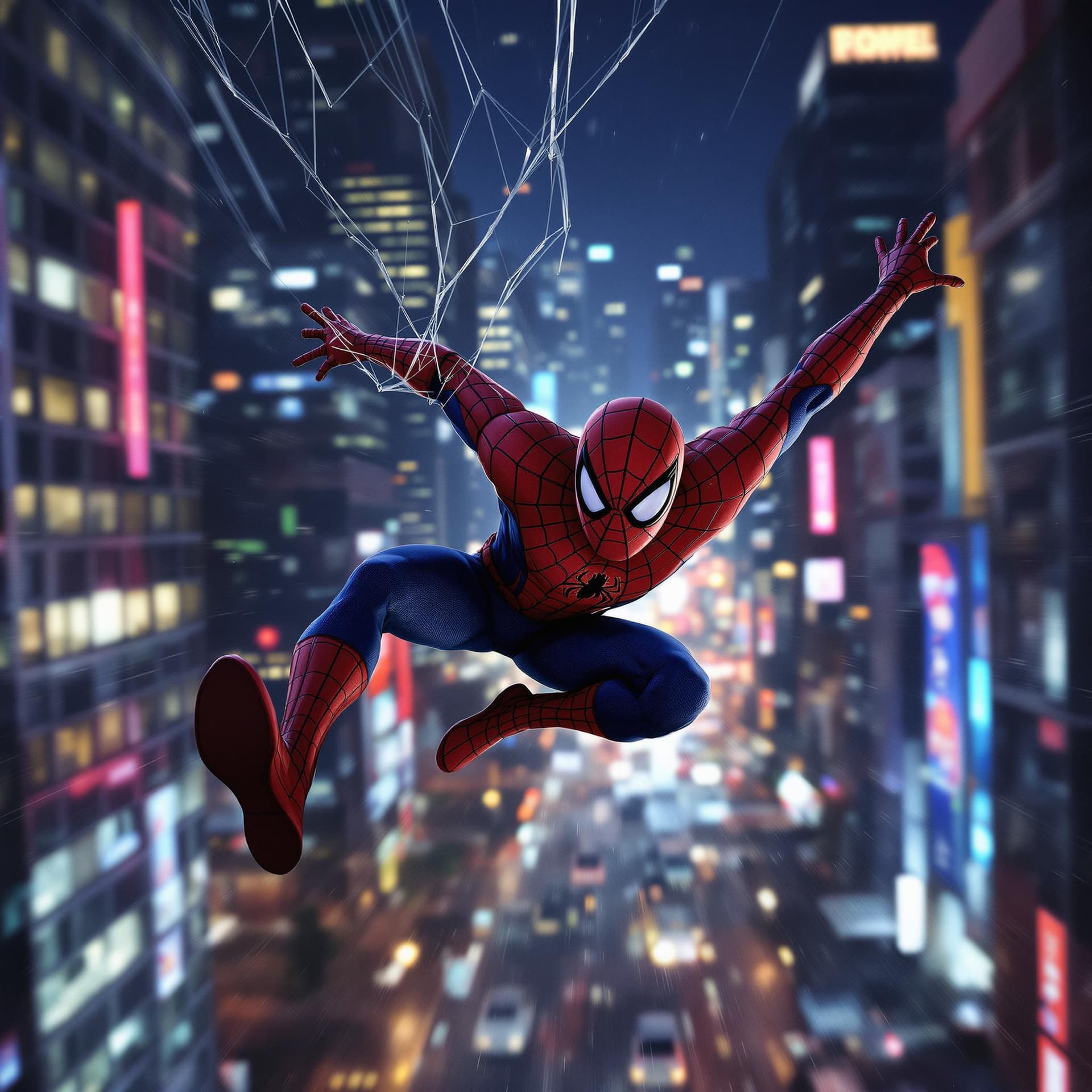 AI generated: Spiderman flying through the streets of a night metropolis of a modern metropolis. Hyperrealistic sp...