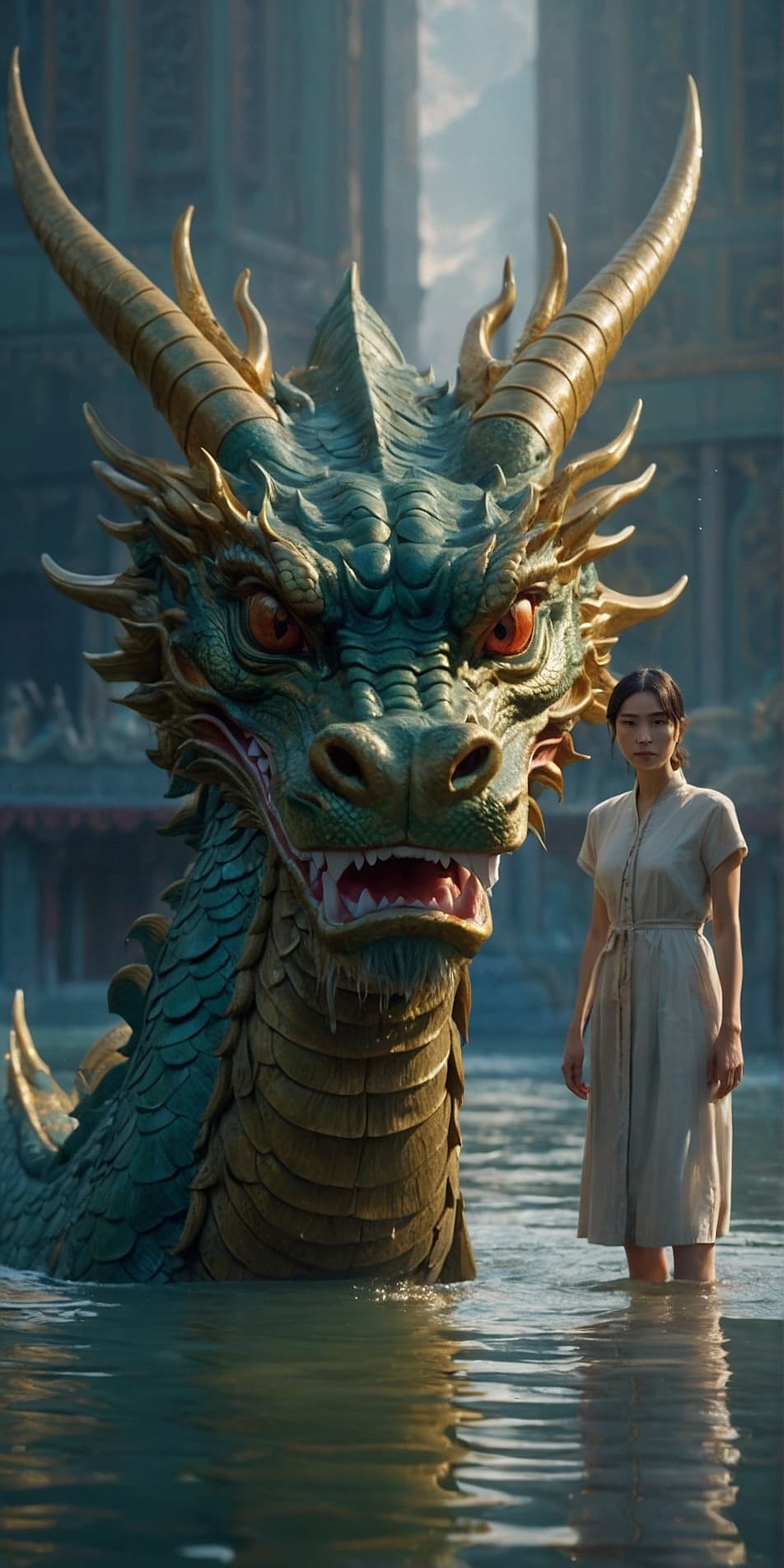 AI generated: a Japanese woman is standing in the water next to a Chinese dragon , in the style of fantasy scenes,...