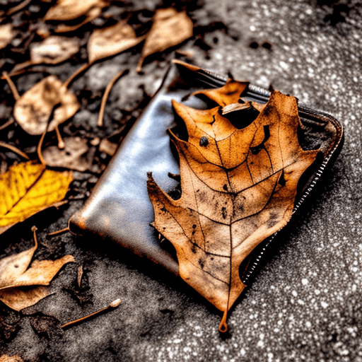 AI generated: Dry dusty leaves under an open abandoned leather wallet lying against a pavement tree root. Style: g...