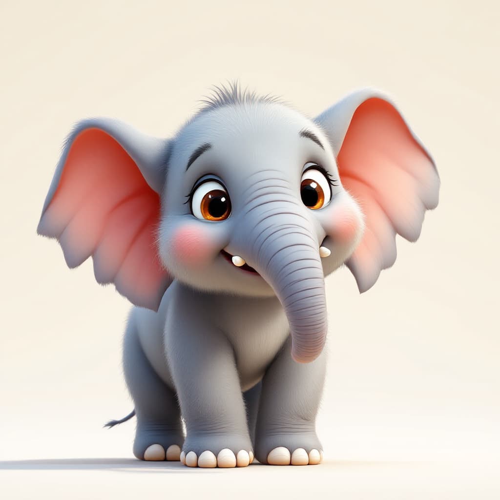 AI generated: reyalestic,3d, cartoon-style, Elephant ,expressive eyes and a playful demeanor, thick outlines, roun...