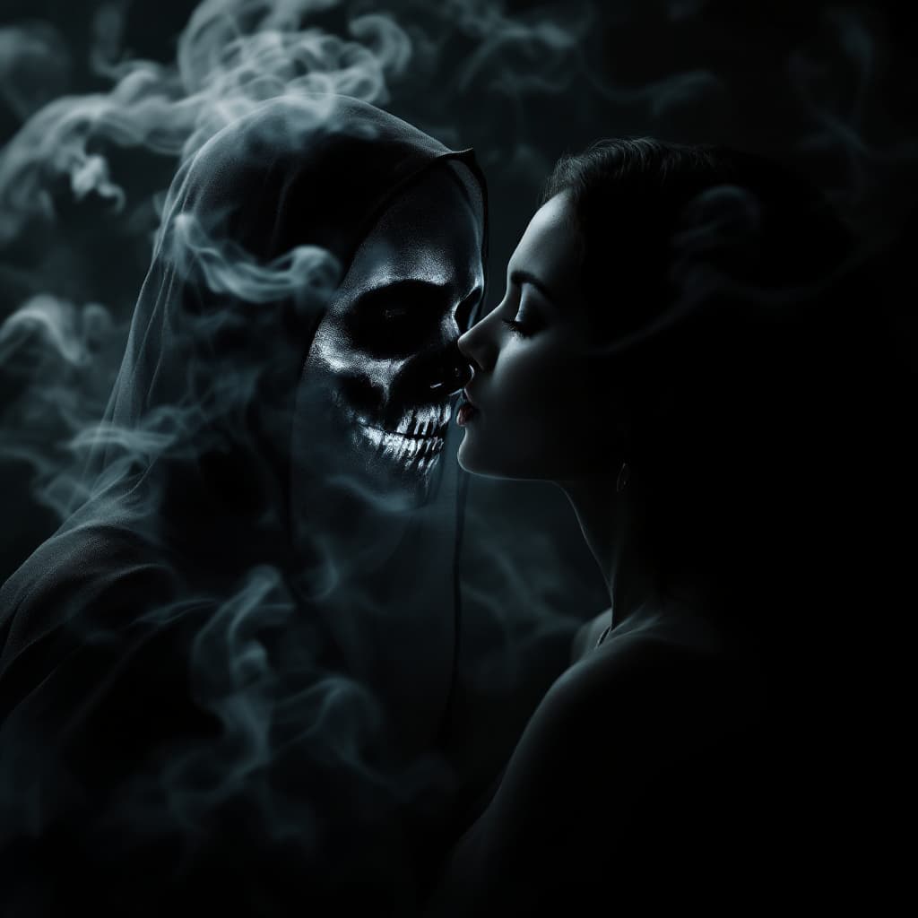 AI generated: image of a lady kissing a ghostly shrouded male face, barely visible  ,enveloped in a shroud-like ma...