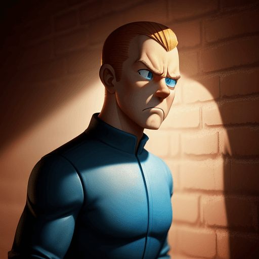 AI generated: An angry Tintin with  blue eyes gleam softly in the dim light. He stands against a textured brick wa...