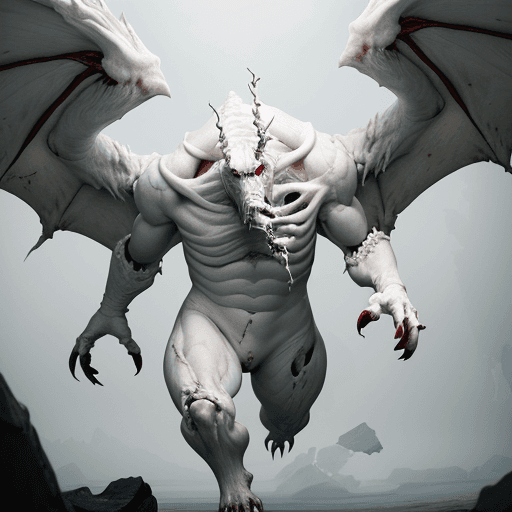 AI generated:  high quality foto of a disfigured white dangerous enormous beast without eyes and wings, long finge...