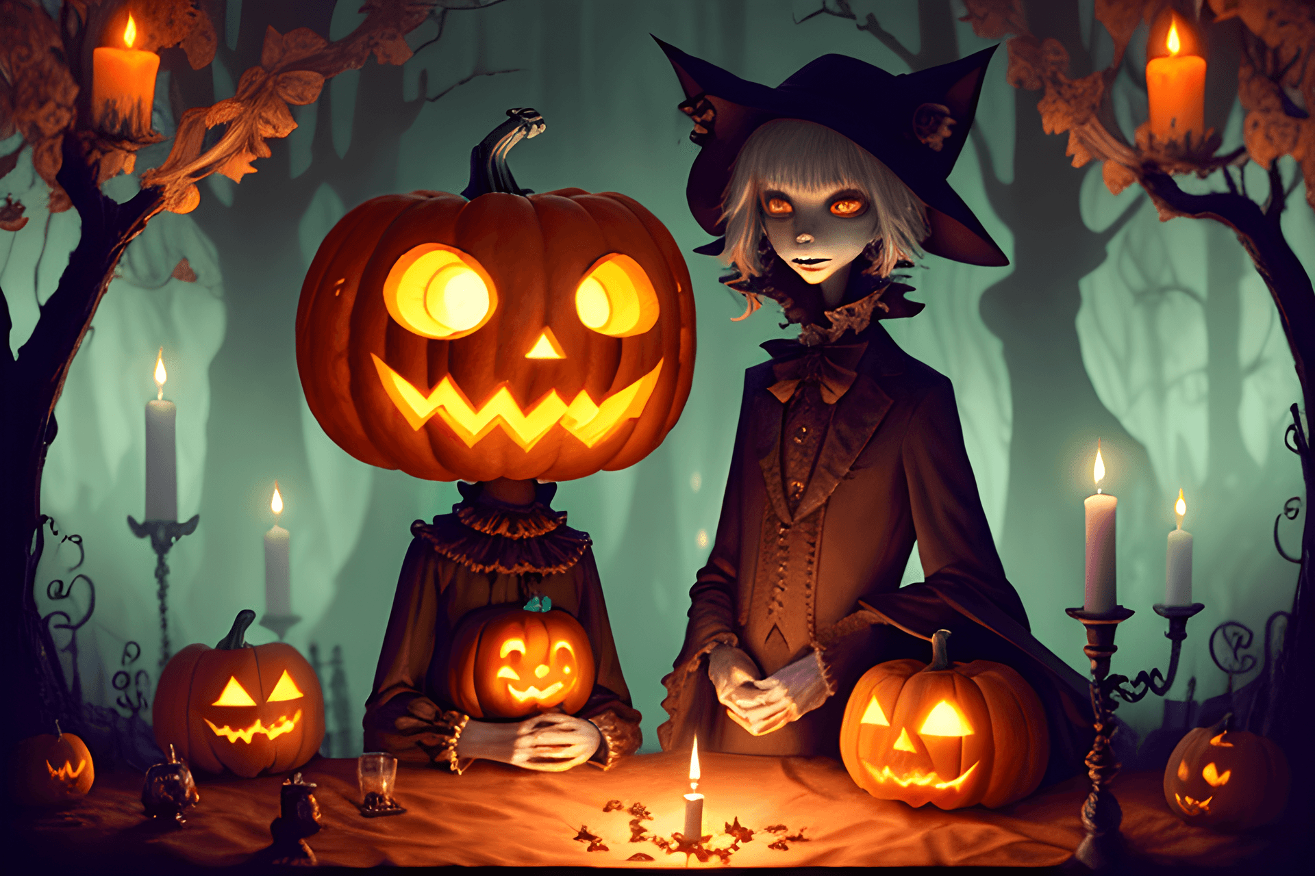 AI generated: Weird, horror,Pumpkin man, jack-o-lantern, night scene, mysterious, psychedelic, candle, sacrifice, ...