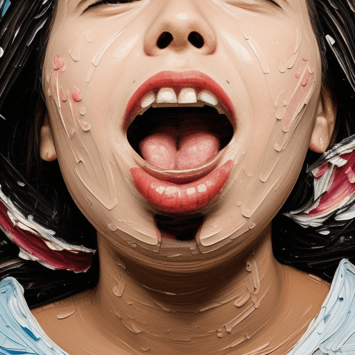 AI generated: woman's face, mouth opened wide, flowers coming out of mouth, pallet knife painted, thick textured
