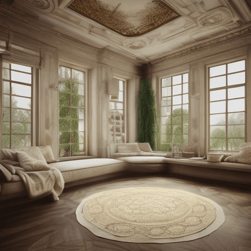 AI generated: High resolution photography interior design, dreamy sunken living room conversation pit, wooden floo...