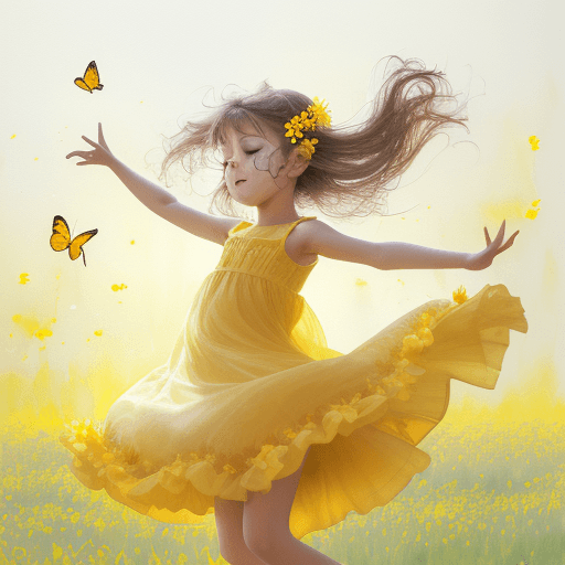 AI generated: High resolution photography wit beautiful girl 5 years old with yellow dress and yellow flowers she ...