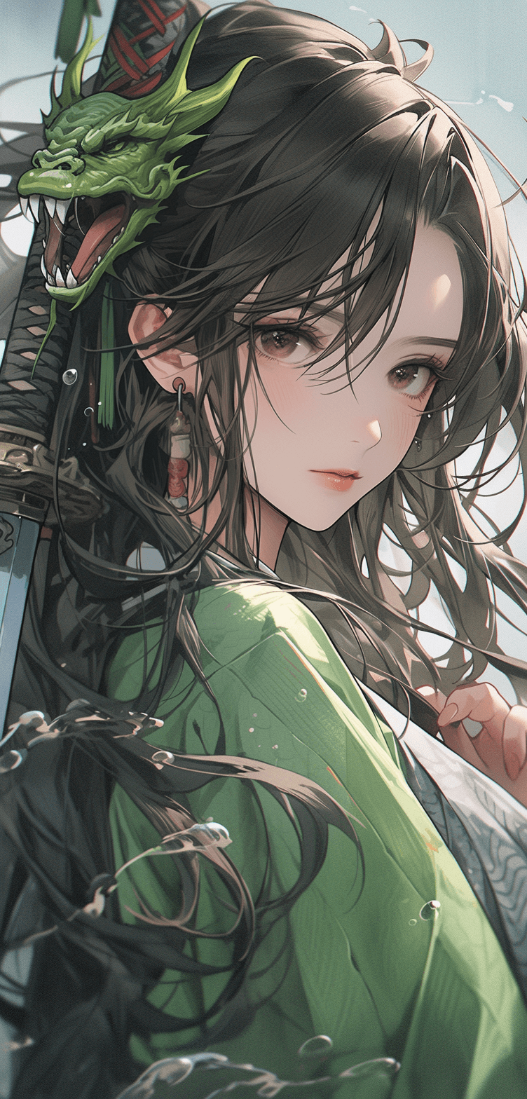 AI generated: a beautiful Japanese woman in a green kimono holding her sword in, in the style of hyper-realistic w...
