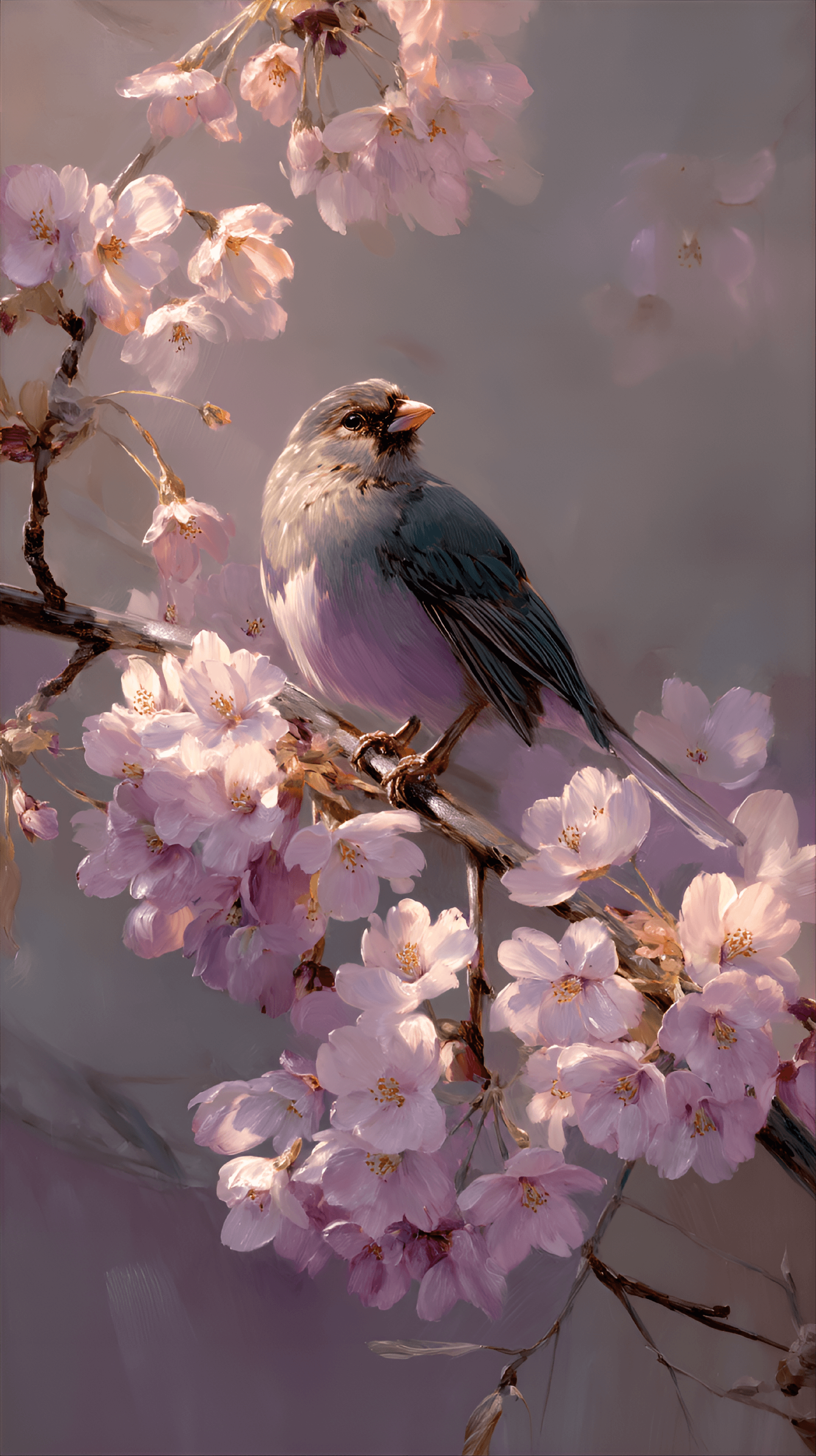 AI generated: small, light-purple-gray and blue bird, seemingly a jay, is perched on a branch laden with clusters ...