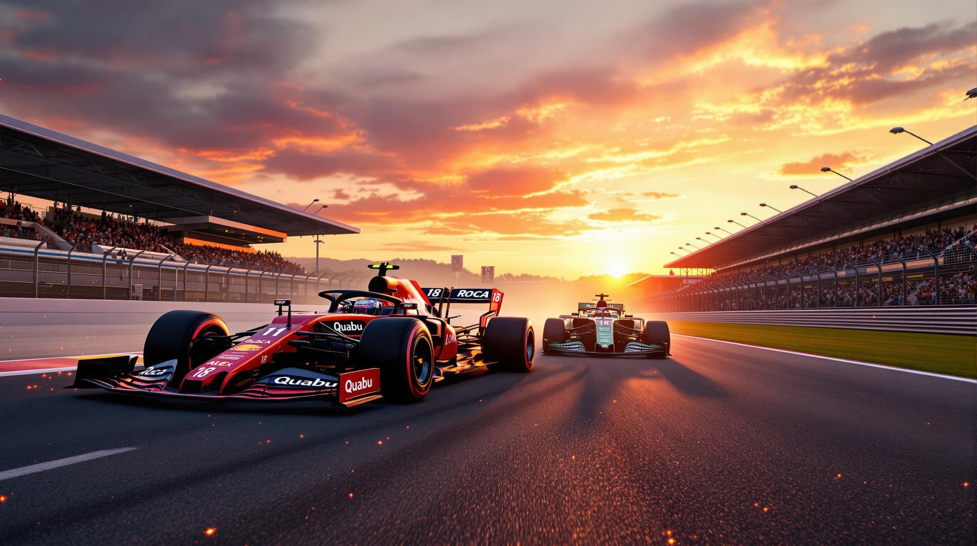 AI generated: A high-speed Formula 1 race is taking place on a professional circuit during a breathtaking sunset. ...