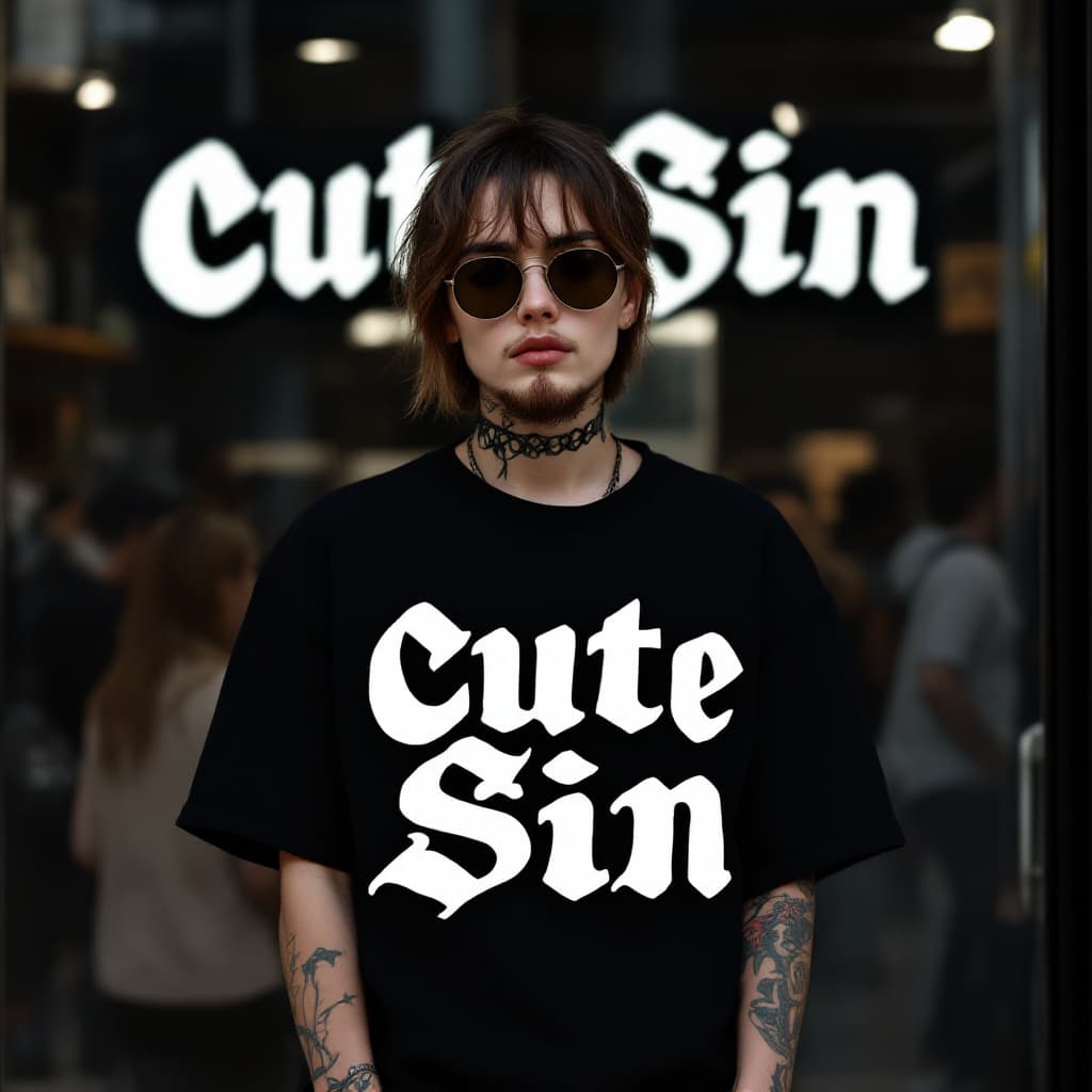 AI generated: A young gothic woman with short brown hair, beard, wearing sunglasses and a black t-shirt, some tatt...