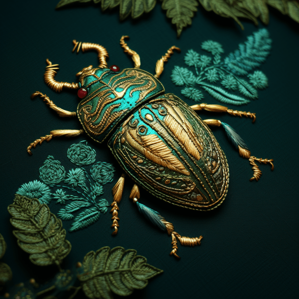 AI generated: embroidered beetle on green background with forest and ocean life, with ornate embroidery details an...
