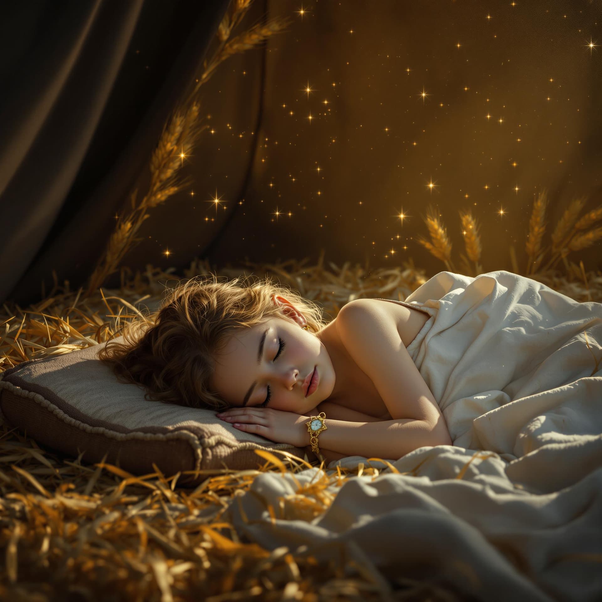 AI generated: "A young girl, José, sleeping peacefully on a straw-filled bed in an ancient Hebrew tent. Moonlight ...
