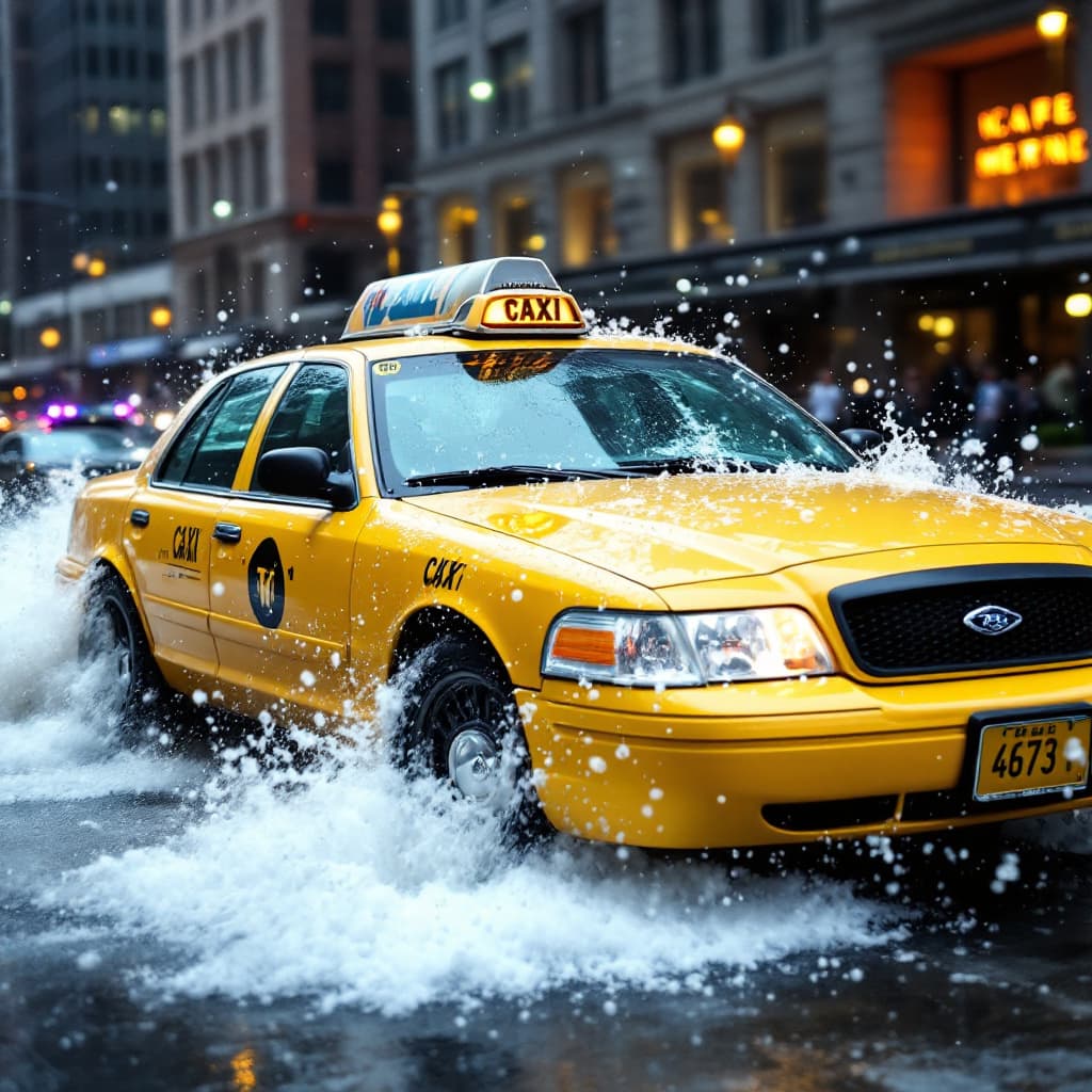 AI generated: a yellow cab car driving throw the water,cool,gowing,--ar,7v 8;75fgt .5qtsjgckba----fwr
