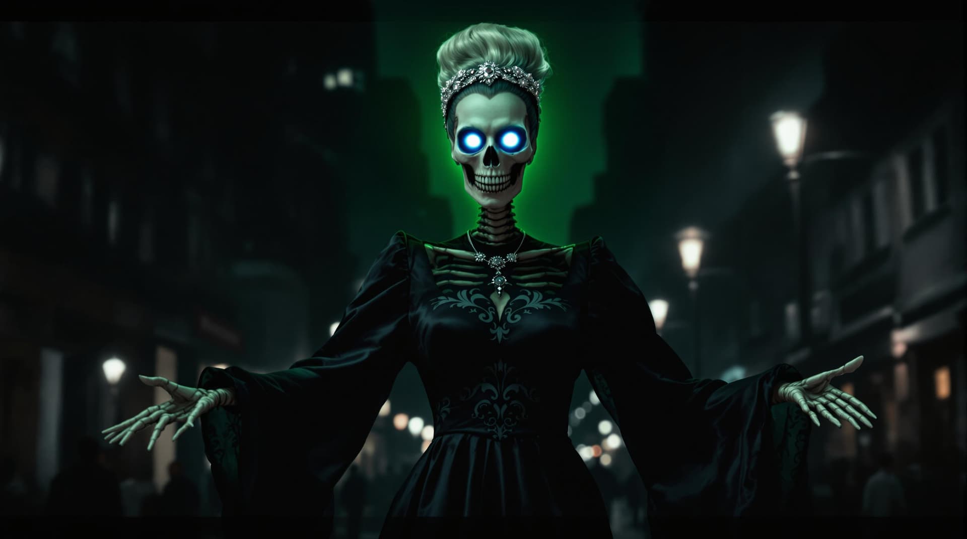 AI generated: The image presents a haunting scene of a skeleton with glowing blue eyes and a green aura, set again...