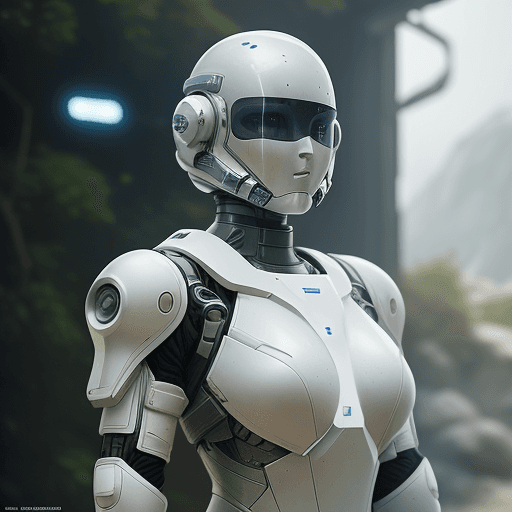 AI generated: white sci-fi female armor with cybernetic helmet, full armor, insulated armor, spacesuit, bald head,...