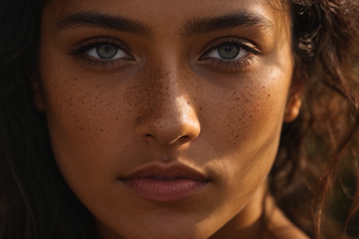 AI generated: a close up of a woman with freckles on her face, a photorealistic painting by Daren Bader, featured ...