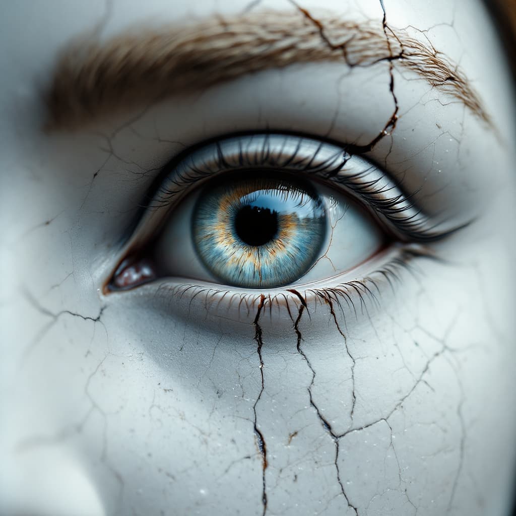 AI generated: 6.	3D close-up of a cracked marble statue’s eye, weathered textures, rain streaks --v 7 --style dram...