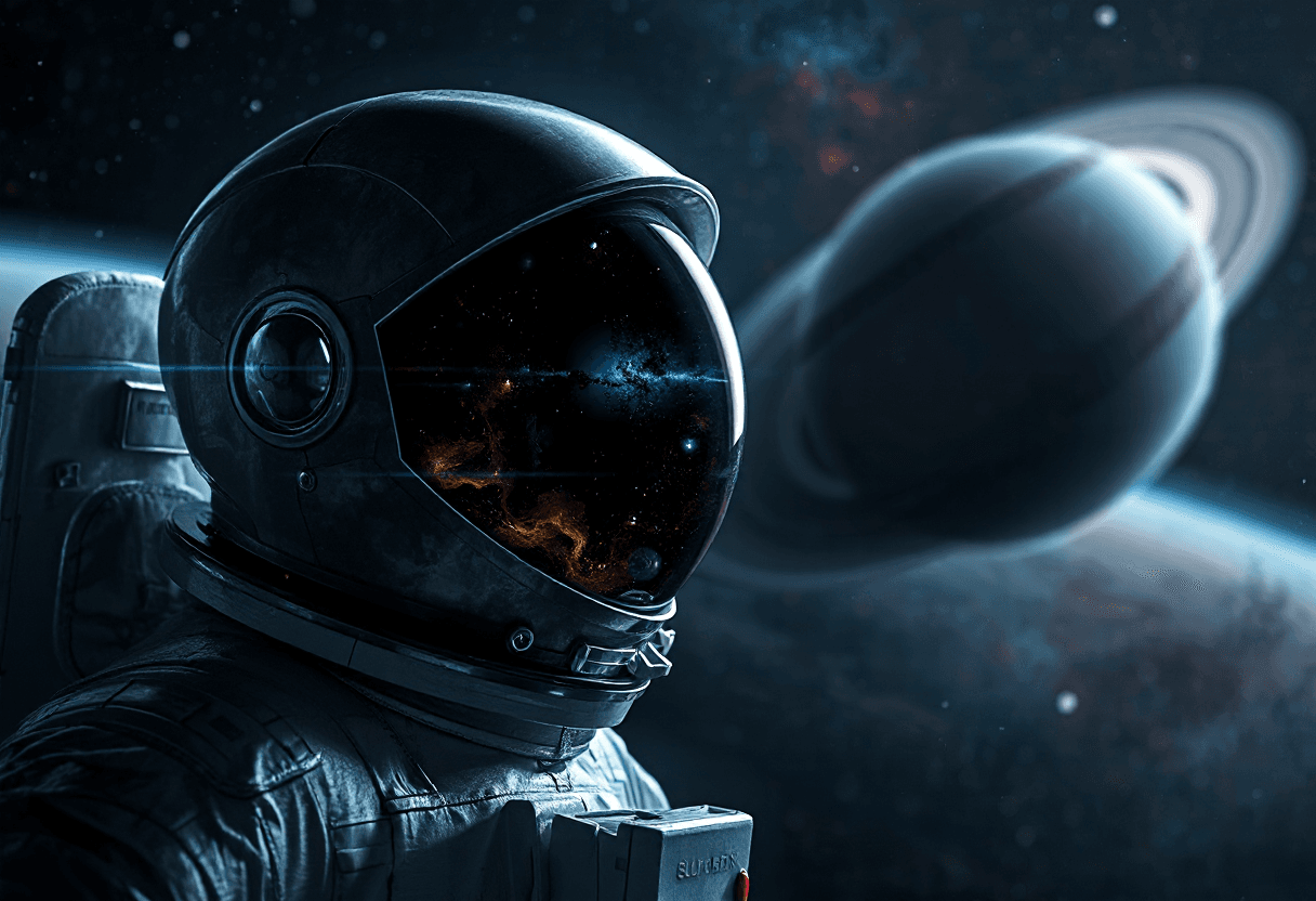 AI generated: A close up on a lone astronaut's helmet, spacesuit gleaming. He hovers serenely in the vastness of s...