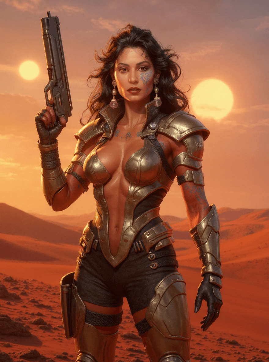 AI generated: A stunning full body (8K) extreme bird's eye view masterpiece of a futuristic depiction of a female ...