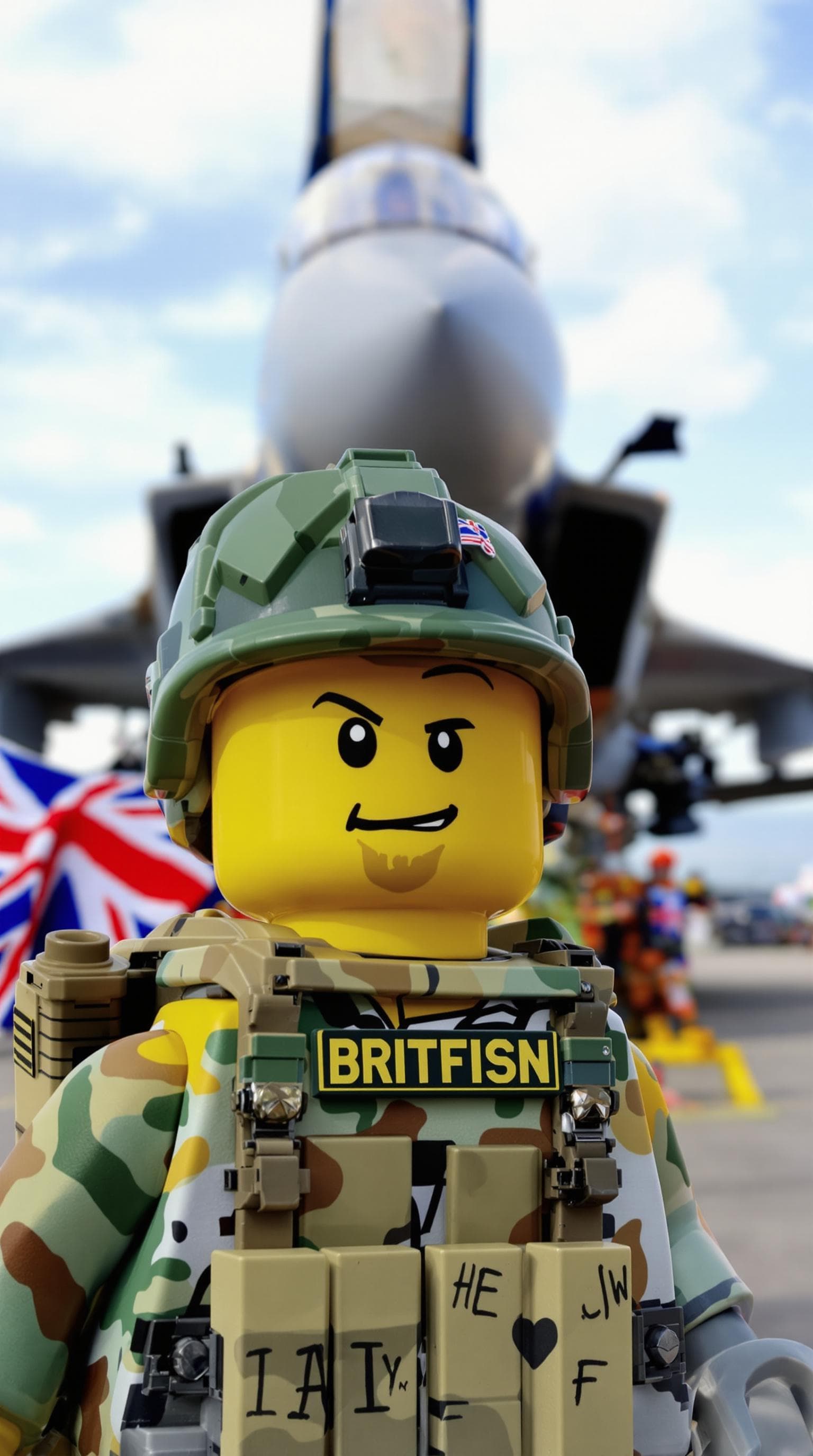 AI generated: A LEGO character dressed in British military gear in front of a fighter jet with a British flag in t...