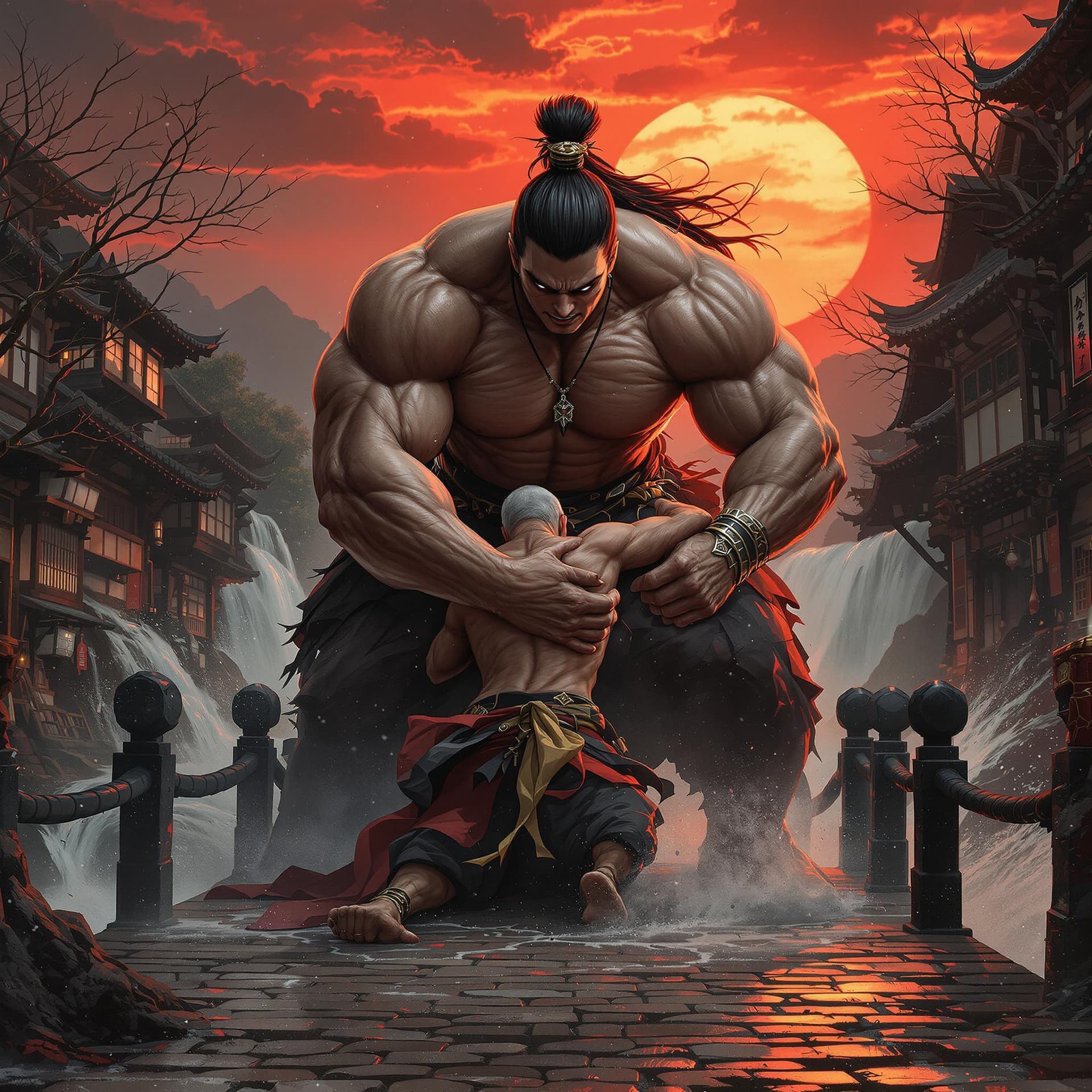 AI generated: Female, Girl Japanese female Samurai. She is massive muscular female heavy weight bodybuilder with a...