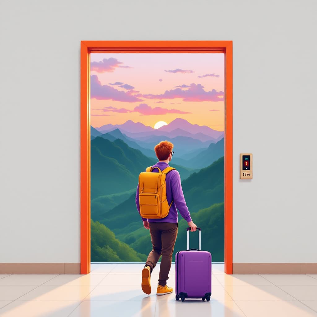 AI generated: an orange elevator opened, marking the thrid floor, with a view to the sunset sky and green mountain...