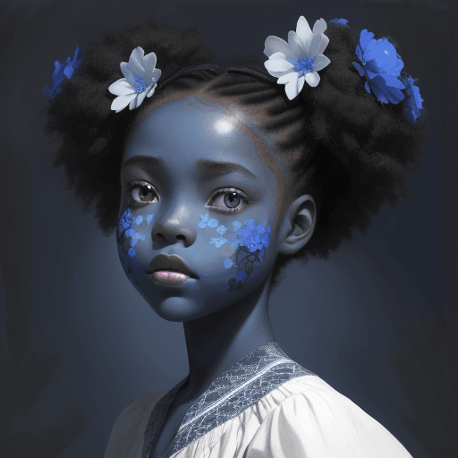 AI generated: a beautiful picture of an African American girl with blue flowers on her face, in the style of monoc...
