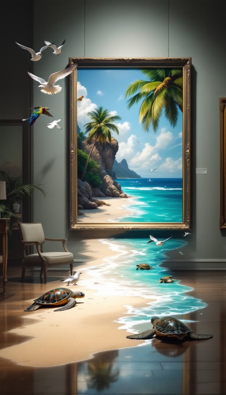AI generated: A surreal photograph of a tropical oasis seeping out of an oil painting on a museum wall and onto th...