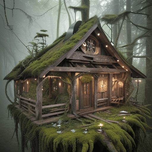 AI generated: (Wooden boards overgrown with moss entwined along the edge of intricate and various leaves and twigs...