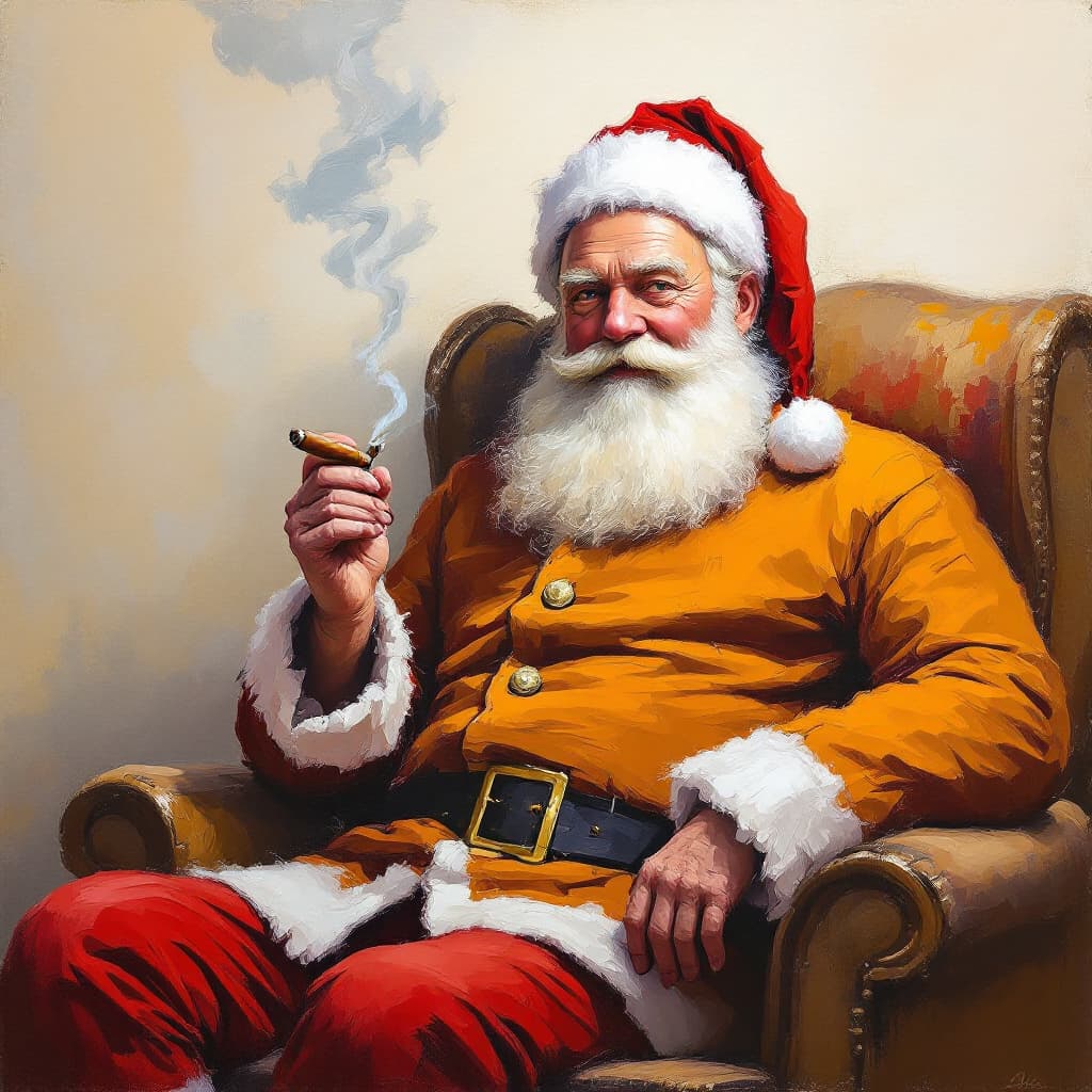 AI generated: impressionist painting on canvas of In a few spatula strokes, the human figure of Santa Claus is pai...