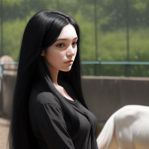 AI generated: a young caucasic woman, long black hair at the zoo