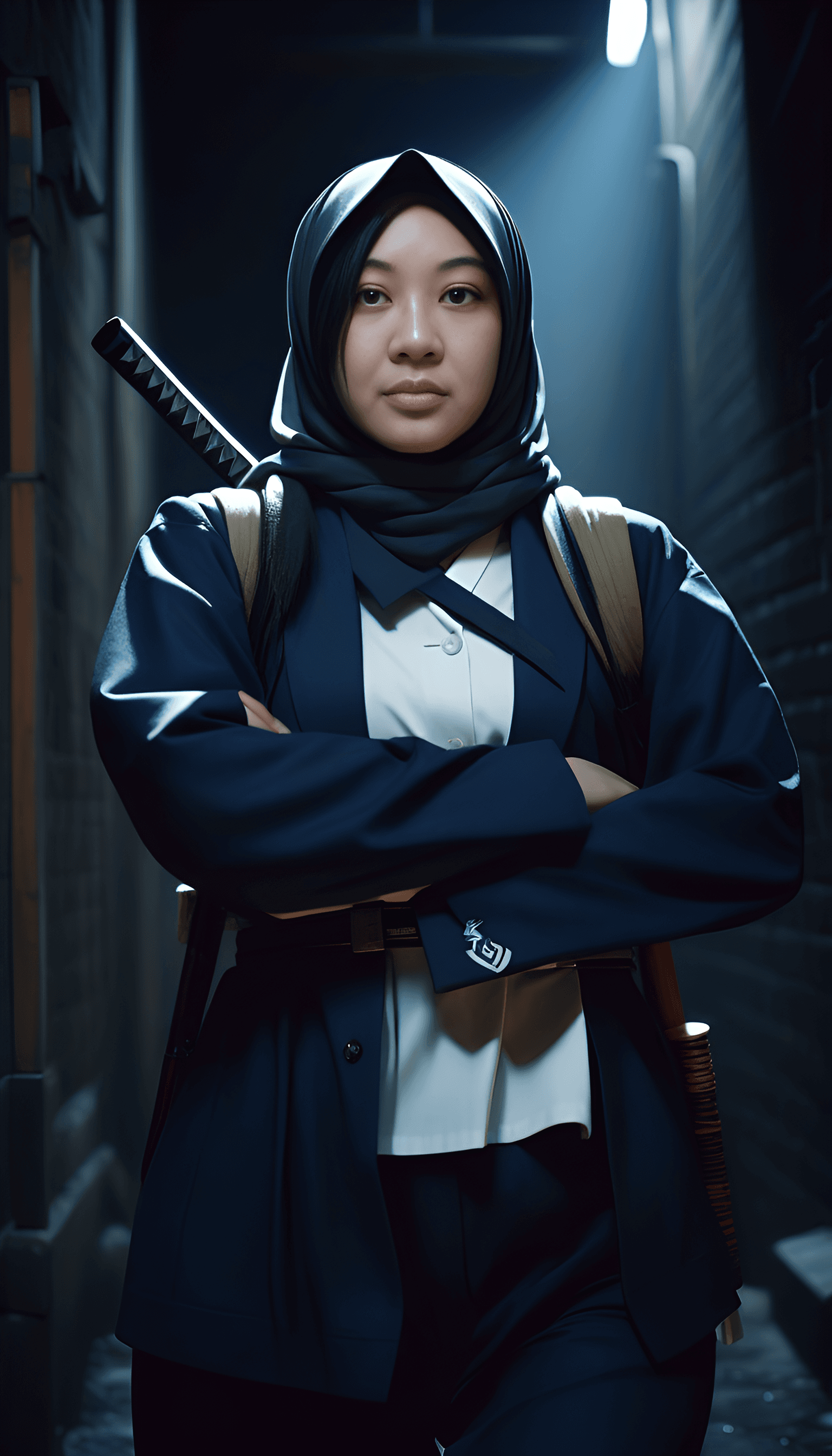 AI generated: Pretty Japanese female in school uniform with katana in a dark alley, cinematic, 3d render, unreal e...