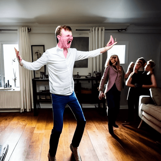 AI generated: Hyperrealistic professional photograph of a white man dancing in a very happy exaggerated way in the...
