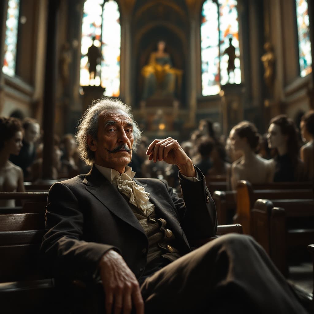 AI generated: Salvador Dalí sitting in church. The church is filled photo models.