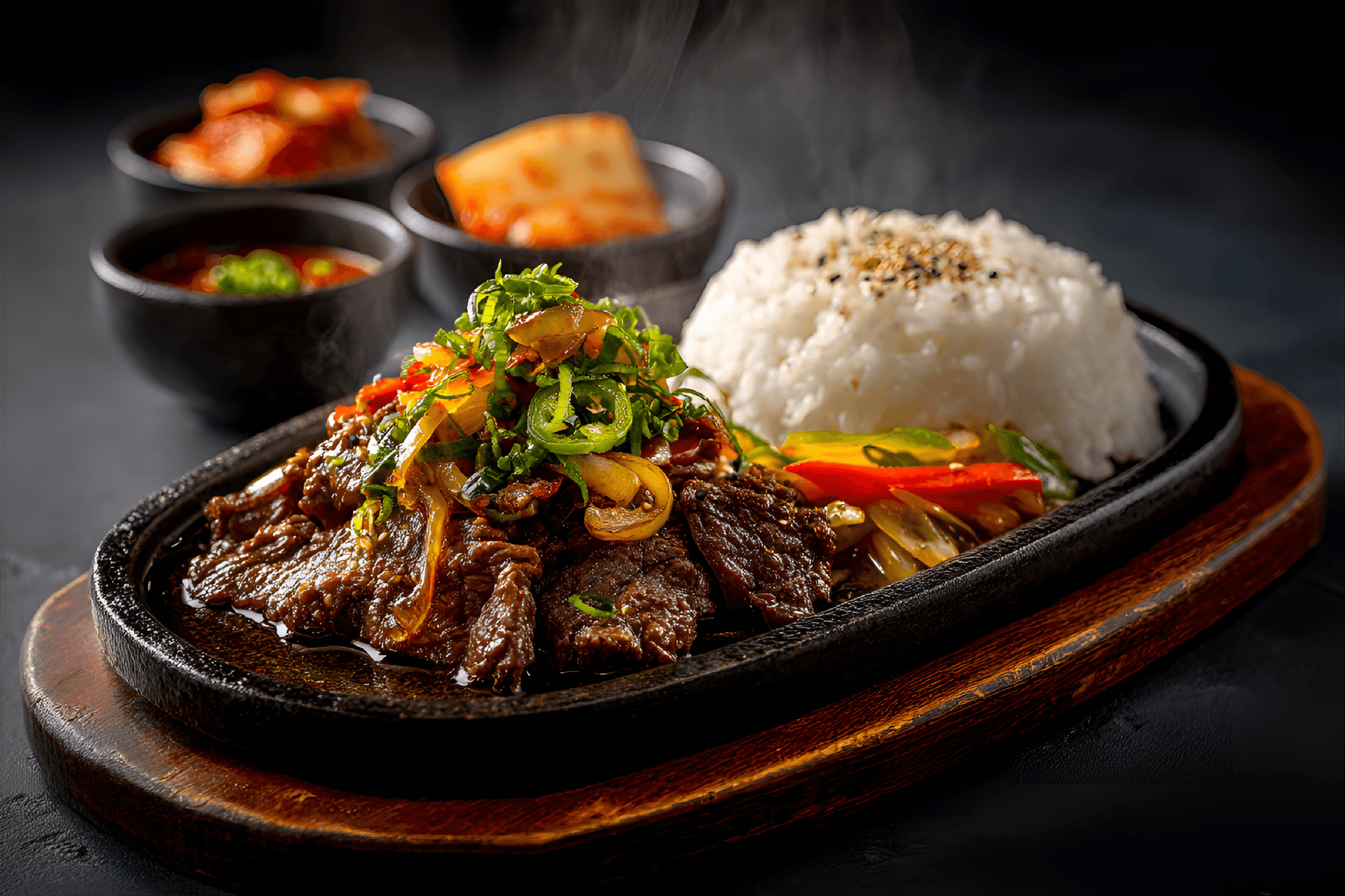 AI generated: delectable plate of beef bulgogi on a sizzling hot plate, served with steamed rice and Korean side d...