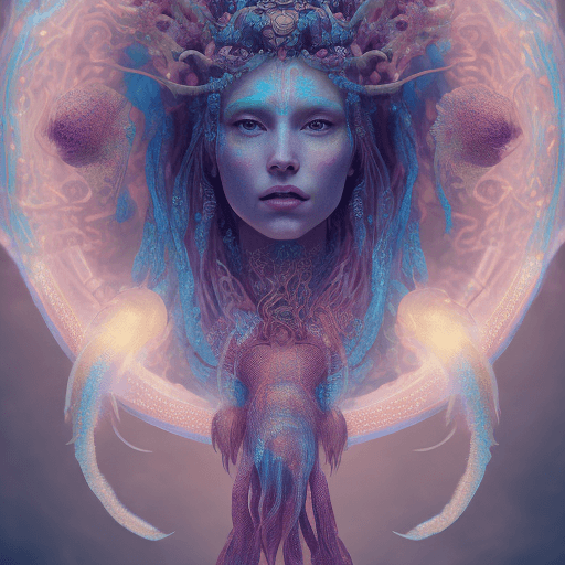 AI generated: Goddess close-up portrait ribcagel. jellyfish phoenix head, nautilus, orchid, skull, betta fish, bio...