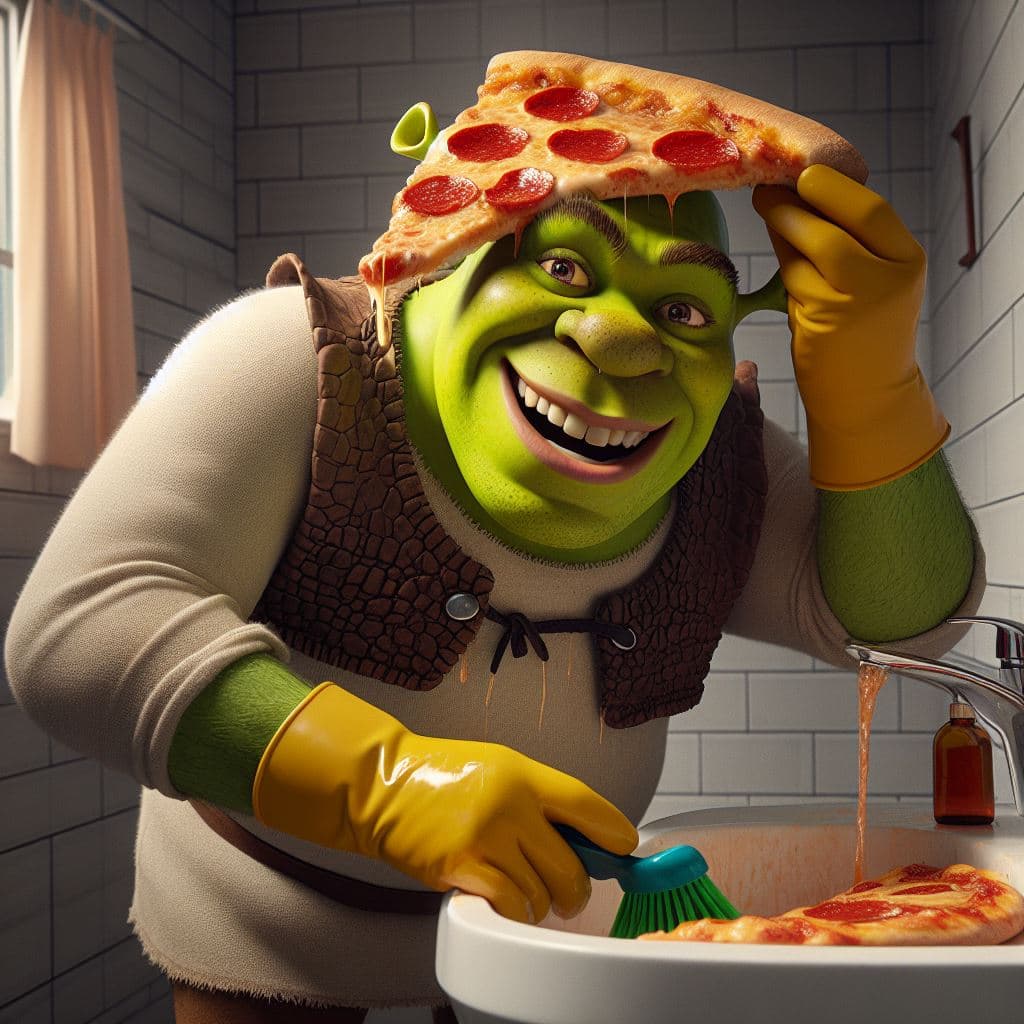 AI generated: Shrek cleaning his bathroom with a slice of pizza on his head, realism, 4k
