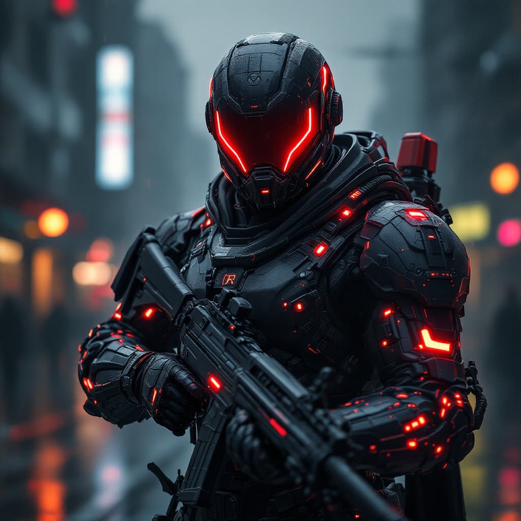 AI generated: Futuristic soldier with advanced armor, weaponry, and helmet, neon red, street, overcast, reflection...