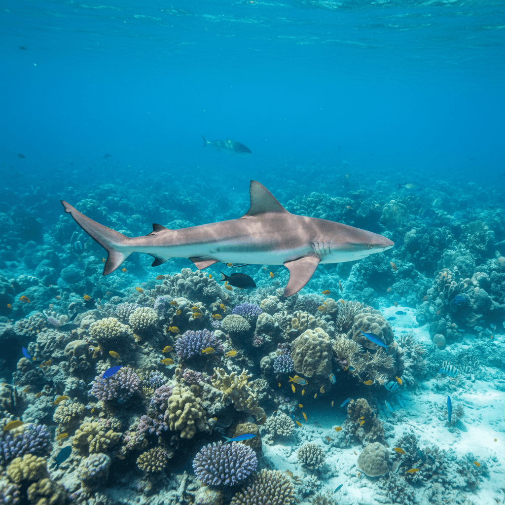AI generated: "A reef shark gliding near coral — tracking shot, 